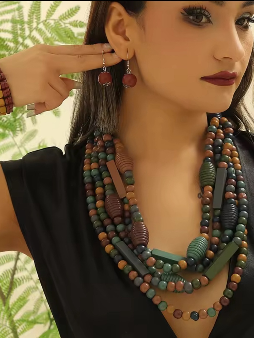 Handcrafted Multicolor Wood Bead Statement Necklace and Earrings Set
